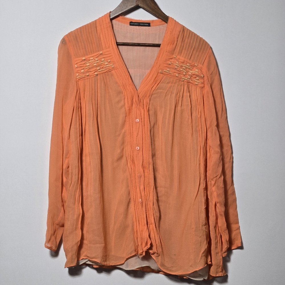 Rohit Gandhi + Rahul Khanna Orange Sheer Button Down Blouse Womens Top